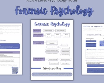 May include: A digital download of psychology notes for AQA A Level students. The notes cover forensic psychology, including offender profiling, top-down and bottom-up approaches, and investigative psychology. The notes are presented in a colorful, organized format with diagrams and text.