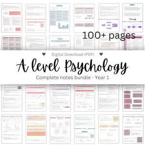 May include: A collage of colorful pages with notes for A level Psychology, featuring diagrams, charts, and text. The title "A level Psychology" is in a pink and white font with a heart on either side. The text "Complete notes bundle - Year 1" is below the title. The text "100+ pages" is in a large white font on a pink background.