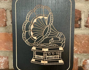 Gramophone Tattoo Flash Wall Decor - Ebonized Oak