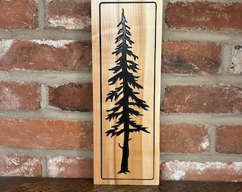 Cherry Wood Tree Silhouette Carving, Varnished Wall Art (14x5")