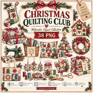 Puede incluir: Una colección digital de imágenes prediseñadas de patchwork navideño que incluye un calcetín, edredones apilados, una máquina de coser, una cesta de telas, un cojín, un árbol, una corona, adornos, un tarro de alfileres, una manopla y unas tijeras.