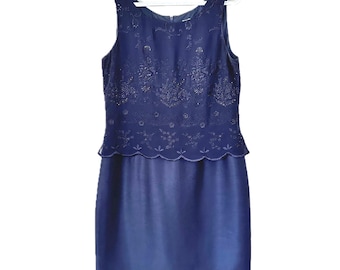 Vintage Adrianna Papell Silk Jacquard Lace Peplum Cocktail Dress | Beaded, Navy Blue, Size 8