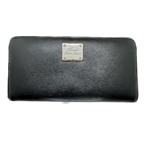 May include: Black leather wallet with a textured surface. The wallet has a rectangular shape with a zipper closure and a small, rectangular metal plaque with the text "Lauren Ralph Lauren".