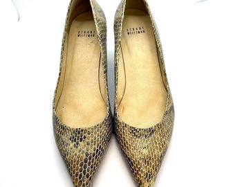 Vintage 90s Stuart Weitzman Croc Embossed Leather Brown Pointy Toes Kitten Heels Size 9.5