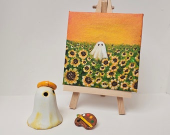 Ghost Artist with Mini Original Acrylic Sunflower Painting & Palette