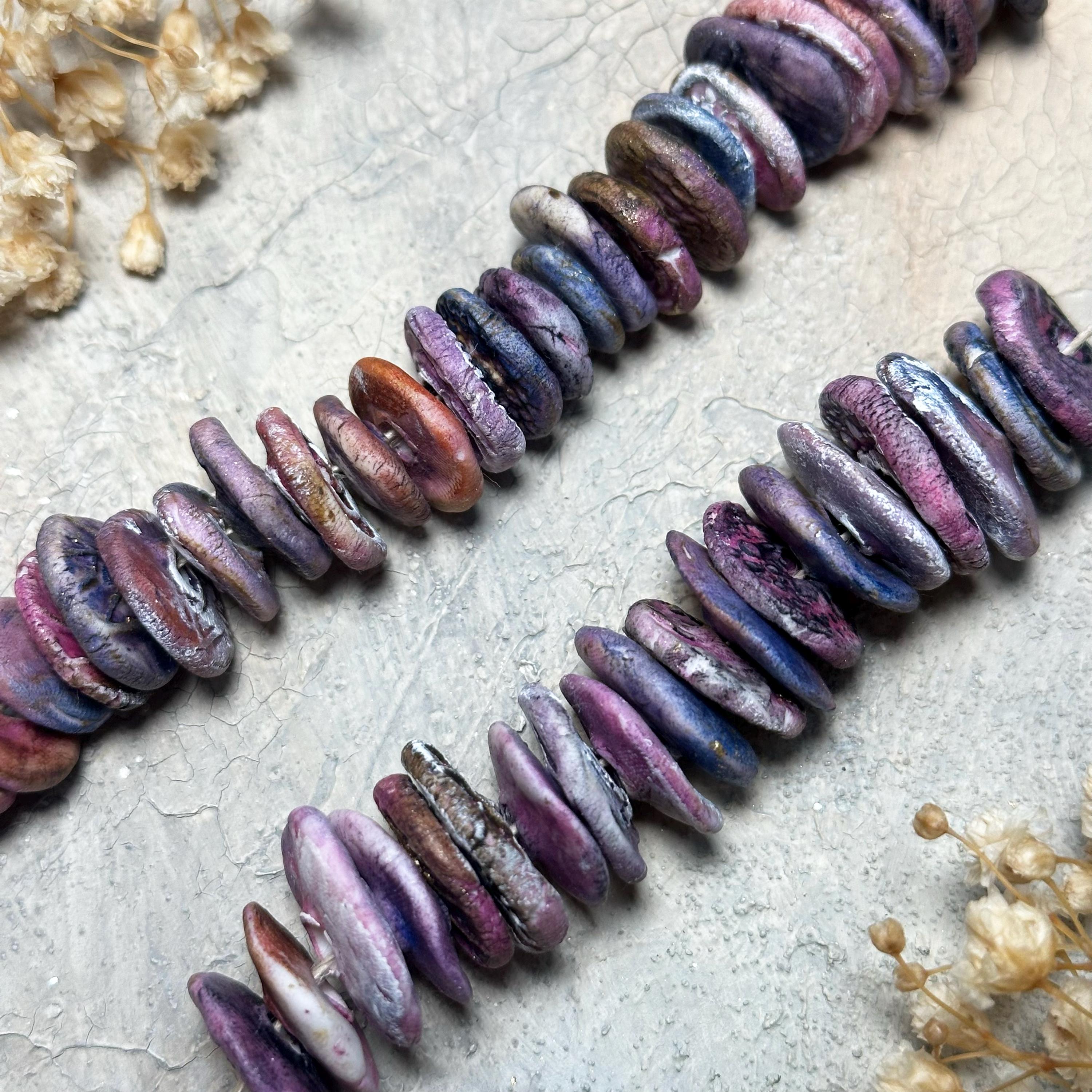 porcelain beads, rustic clay beads, disc beads, handmade findings, boho jewelry, jewellery supplies, purple porcelain beads (PU-D)
