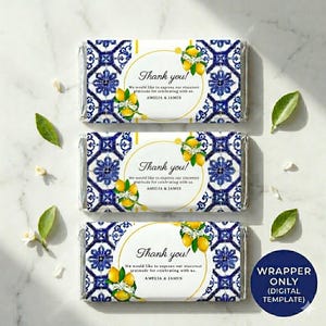 May include: Three chocolate bar wrappers with a blue and white tile design. Each wrapper has a circular label with the text "Thank you!" and a lemon illustration. The text "We would like to express our sincerest gratitude for celebrating with us. AMELIA & JAMES" is also included.
