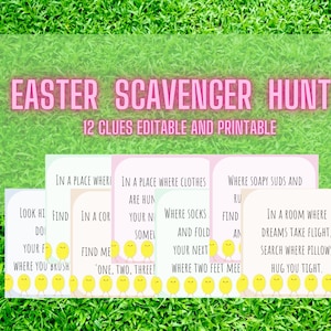 May include: A printable Easter scavenger hunt with 12 clues. The clues are written on colorful cards with a yellow chick illustration. The cards are on a green grass background.