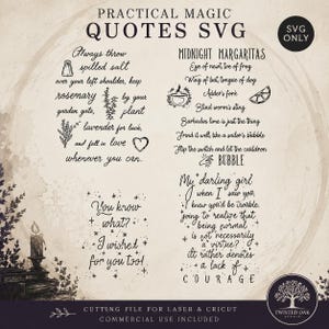May include: A digital file set titled Practical Magic Quotes SVG featuring various quotes and illustrations including a salt shaker, rosemary, lavender, a heart, a cauldron, a lime slice, and stars, with text including Midnight Margaritas.