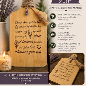 May include: A wooden decorative board, 5" x 11", with the text "Practical Magic" and an engraved quote. The board is made of bamboo and features a handle wrapped with twine and a small broom. A candle and lavender are in the background.