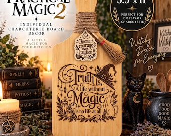 May include: A light-coloured wooden charcuterie board measuring 14 cm by 28 cm. The board features a laser-engraved design with a witch hat, a cat, candles, and the text: Truth is, A life without MAGIC is no life at all.