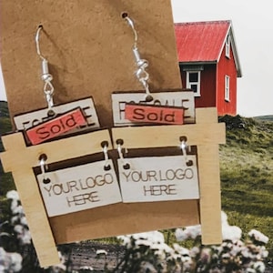 Custom Realtor Earrings – Handmade Wood &quot;Sold&quot; Sign Earrings – Real Estate Agent Gift – Personalized with Logo