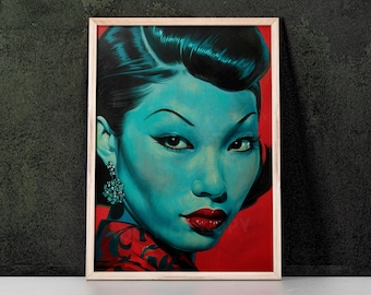 Blue Kitsch Lady 13 Art Print inspirowany Vladimirem Tretchikoffem, Mid Century Modern, Kitsch Wall Art, Home Decor, Retro Art