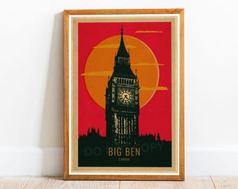 Big Ben London Vintage 01 Cartaz de impressão de arte de viagem, impressão de arte de Londres, pôster de Londres, impressão de viagem de Londres, arte de parede de Londres