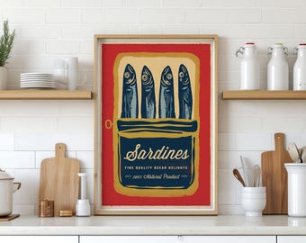 Impression de cuisine de sardines, impression de cuisine, art mural de cuisine, impression d'art de cuisine rétro, décoration de cuisine vintage, affiche de poisson, art tendance de fruits de mer