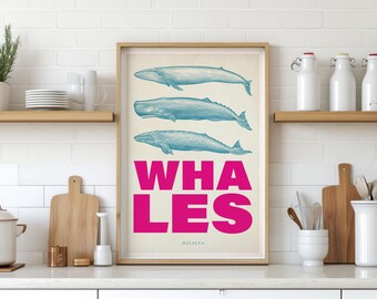 Impression de cuisine baleine, affiche de fruits de mer, impression de cuisine, art mural de cuisine, impression d'art de cuisine rétro, cadeau pour gourmets, affiche typographie