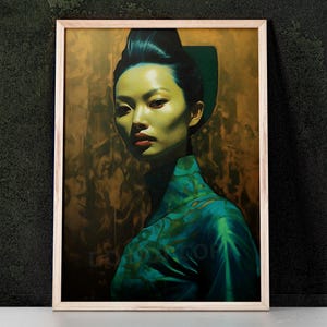 Lámina de arte Green Kitsch Lady 01 inspirada en Vladimir Tretchikoff, arte de pared kitsch, decoración del hogar, arte retro, estilo moderno de mediados de siglo
