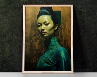 Green Kitsch Lady 01 Wydruk artystyczny inspirowany Vladimirem Tretchikoffem, Mid Century Modern, Kitsch Wall Art, Home Decor, Retro Art