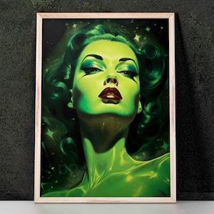 Grüne Kitsch Lady 10 Kunstdruck inspiriert von Wladimir Tretchikoff, Mid Century Modern, Kitsch Wandkunst, Wohnkultur, Retro Kunst
