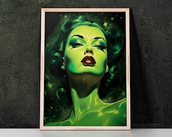 Green Kitsch Lady 10 Art Print inspirowany Vladimirem Tretchikoffem, Mid Century Modern, Kitsch Wall Art, Home Decor, Retro Art