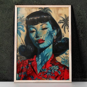 Blue Kitsch Lady 12 Art Print inspired by Vladimir Tretchikoff, Mid Century Modern, Kitsch Wall Art, Home Decor, Retro Art
