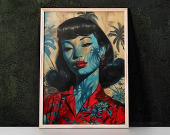 Blue Kitsch Lady 12 Art Print inspirowany Vladimirem Tretchikoffem, Mid Century Modern, Kitsch Wall Art, Home Decor, Retro Art