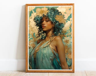 Art Nouveau African American Woman 04, plakat w stylu Art Nouveau, druk w stylu Alphonse'a Muchy, sztuka secesyjna, druk w stylu Art Nouveau, sztuka ścienna Nouveau