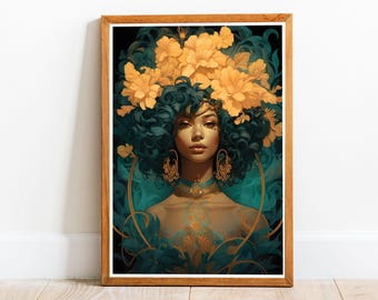 Art Nouveau African American Woman 10, plakat w stylu Art Nouveau, druk w stylu Alphonse'a Muchy, sztuka secesyjna, druk w stylu Art Nouveau, sztuka ścienna Nouveau