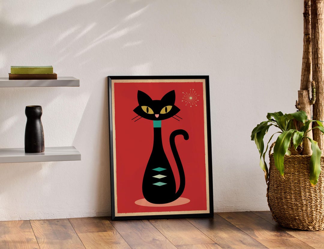 Mid Century Modern Black Cat Poster Art Print, Mid Century Modern ...