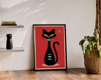 Impression d'art affiche de chat noir moderne du milieu du siècle, art mural moderne du milieu du siècle, rétro, décoration d'intérieur, art rétro, art milieu du siècle, art géométrique
