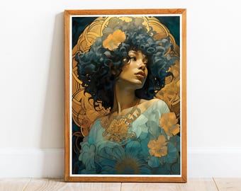 Art Nouveau African American Woman 06, plakat w stylu Art Nouveau, druk w stylu Alphonse'a Muchy, sztuka secesyjna, druk w stylu Art Nouveau, sztuka ścienna Nouveau