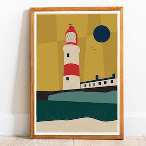 May include: A framed print of a lighthouse with red and white stripes against a yellow background. The lighthouse is on a rocky shore with a small building behind it. The print has a retro, mid-century modern style.