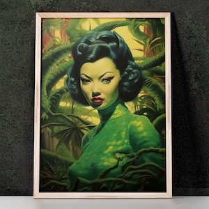 Green Kitsch Lady 02 Art Print inspired by Vladimir Tretchikoff, Mid Century Modern, Kitsch Wall Art, Home Decor, Retro Art