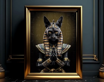 May include: A framed artwork showing a black cat in the style of an Egyptian deity. The cat is adorned with a gold and blue headdress and collar, with hands clasped. The background is dark gold with hieroglyphs.
