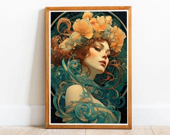 Art Nouveau Woman 15, Art Nouveau poster, Alphonse Mucha Style Print, Art Nouveau Art, Art Nouveau Print, Art Nouveau wall art, Home Decor