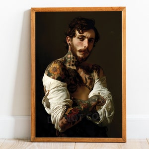 Altered Art Man with tattoos print in the style of Caravaggio, Baroque painting, Maximalist Wall Art, Renaissance Art, Funny Art