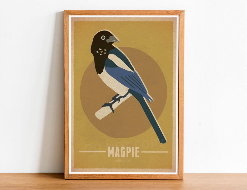 Magpie Bird Poster Art Print, Bird Art, Bird Print, Retro Bird Poster ...