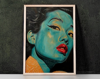 Blue Kitsch Lady 11 Art Print inspirowany Vladimirem Tretchikoffem, Mid Century Modern, Kitsch Wall Art, Home Decor, Retro Art