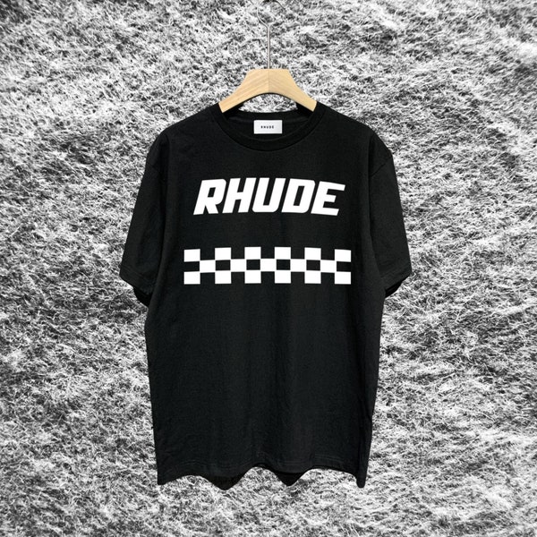 Rhude T-shirt, Rhude letter plaid print retro round neck cotton casual T-shirt, short-sleeved top T-shirt, gift for him