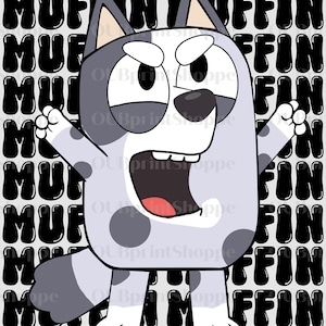 May include: A cartoon illustration of a dog character with gray and white fur, open mouth, and raised arms. The background features the words "MUFFIN" and "FUN" in a repeating pattern.