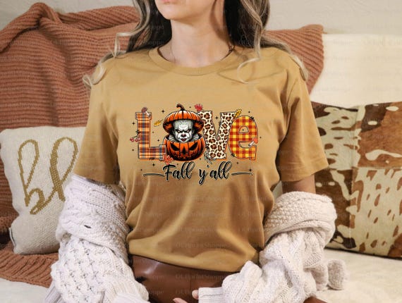 Scary Clown DTF Transfer: Halloween Pumpkin, Love Fall Y'all Print. Print ONLY - no shirt!