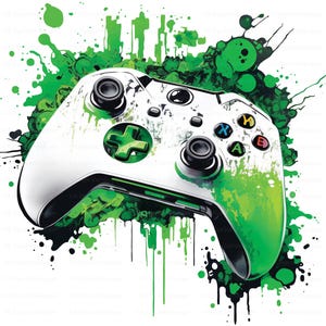May include: A white and green Xbox controller with black buttons and a green directional pad. The controller is accented with green paint splatters and a green Xbox logo. The background is white.