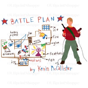 May include: A graphic illustration titled BATTLE PLAN by Kevin McCallister featuring a floor plan with labels for heavy cans, tar, micro machines, ice, fire, glue, feathers, fan, and Xmas ornaments, alongside a figure holding two tools.