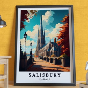 Salisbury Poster, England Poster, Atemberaubende Kathedrale Kunst, Herbst Landschaft Wandkunst