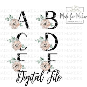 Könnte beinhalten: Eine digitale Datei mit schwarzen Buchstaben A, B, C, D, E und F mit floralen Designs in Rosa und Grün.