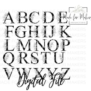 May include: Black and white alphabet letters with floral accents. Each letter is surrounded by a simple floral design. The letters are uppercase and are arranged in alphabetical order. The text "Made for Makers Design Studio" is in the upper right corner of the image.