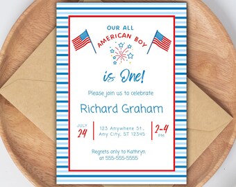 Boy Birthday Patriotic Birthday Invitation | First Birthday Invitations Boy | First Birthday Boy | July 4th Birthday Invitation | PDF Invite