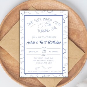 Airplane Birthday Invitation, Paper Airplane 1st Birthday Party Invite, First Birthday Invitation, PDF Printable Invitation