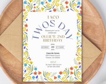 Zweitägige Fiesta-Geburtstagseinladung, Zweiter Geburtstag, 2. Geburtstag eines mexikanischen Jungen und Mädchens, druckbare PDF-Einladung