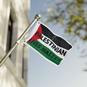 May include: A small flag with the colors of the Palestinian flag: red, white, black, and green. The flag reads "PALESTINIAN LIVES MATTER" in white and green text. A map of Palestine is in white on the black portion of the flag.